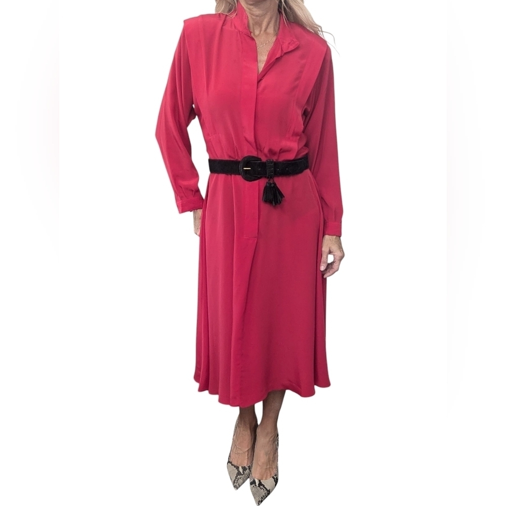 Vintage 80s Alain Toussaint Fuchsia Shirt Dress Midi 6P Shoulder Pads